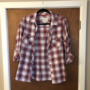 Red, White, Black Plaid button down shirt